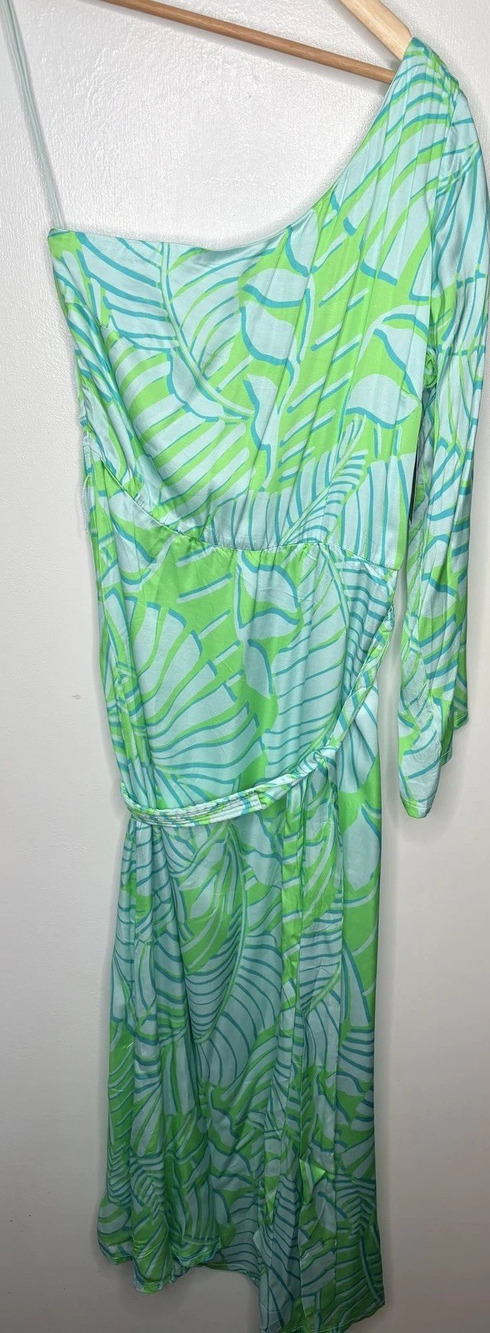 NWT Boston Proper Women's Green Leaf Print One Shoulder Maxi Dress Cowl Sz 8
